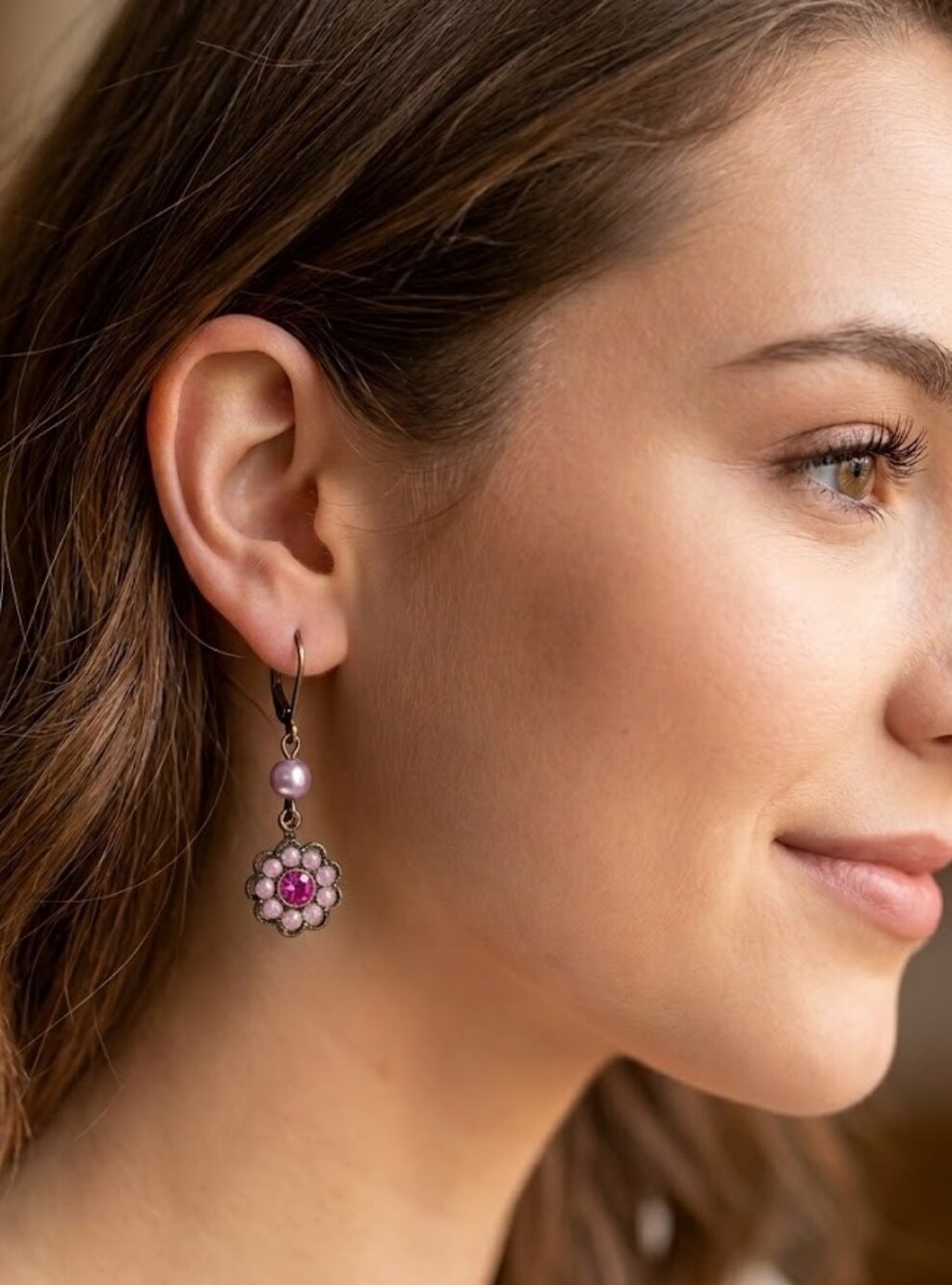 Vintage Avon Pink Rhinestone Flower Drop Dangle Earrings Pierced Stamped